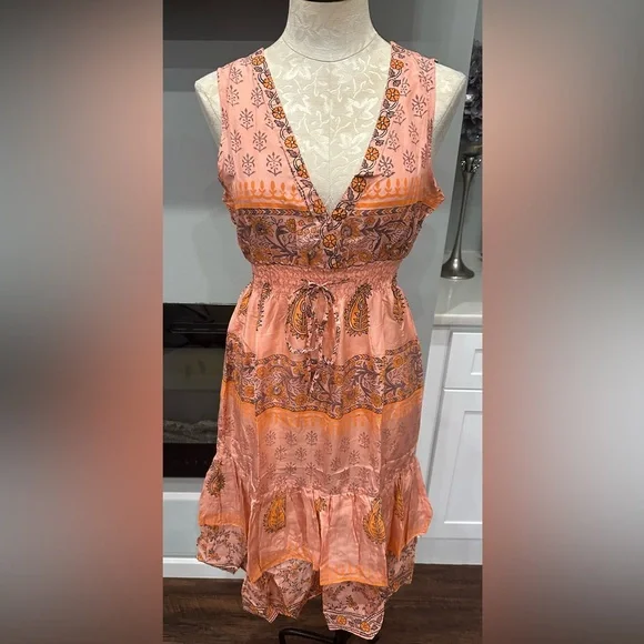 Chaudry KC 100% Silk Coral Ruffle Floral Sleeveless Dress Size M - Picture 4 of 7